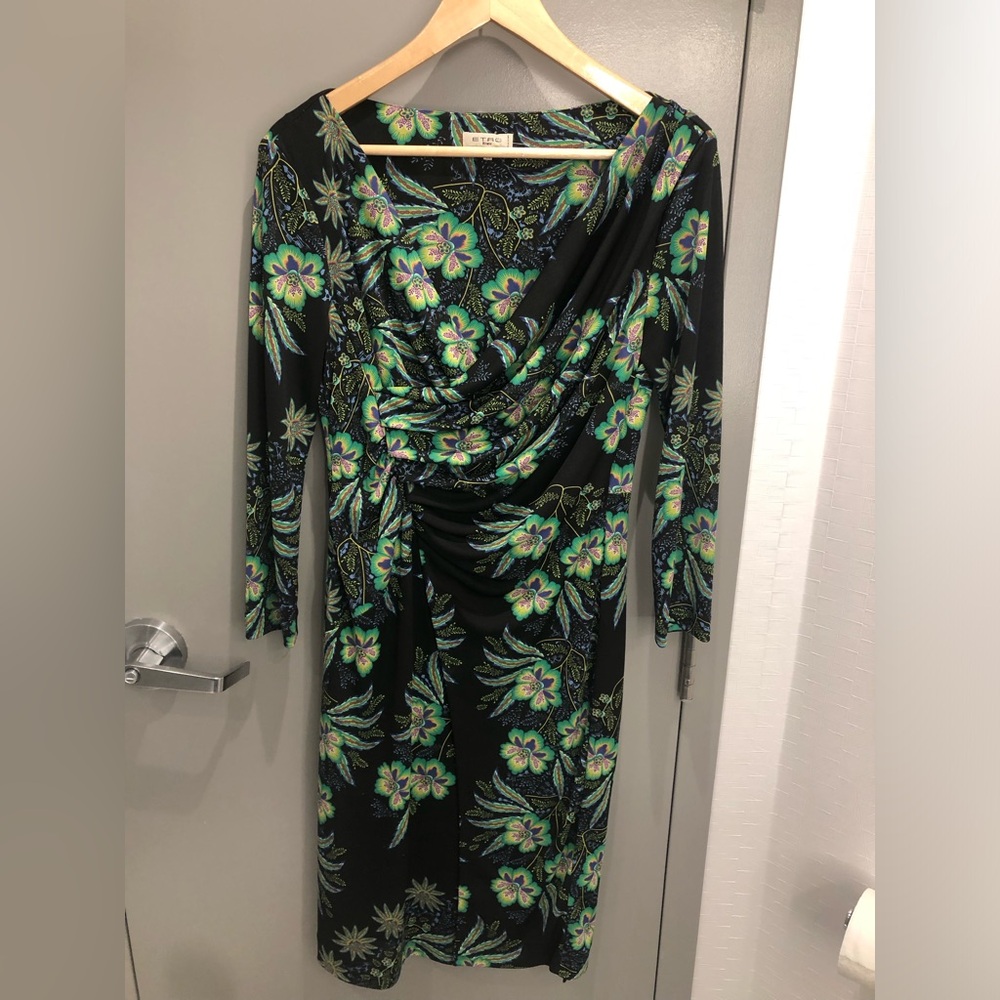 Etro Milano Black Floral Draped Long-Sleeve Dress